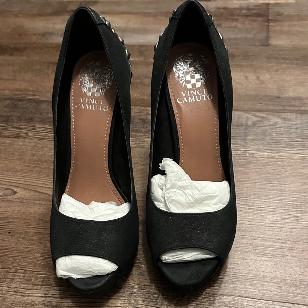 Vince Camuto Black Studded Peep Toe Heels
